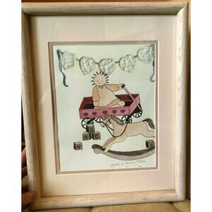 Vintage Framed Watercolor Doll Rocking Horse Wagon Toys Jacalyn Burns 124/1000